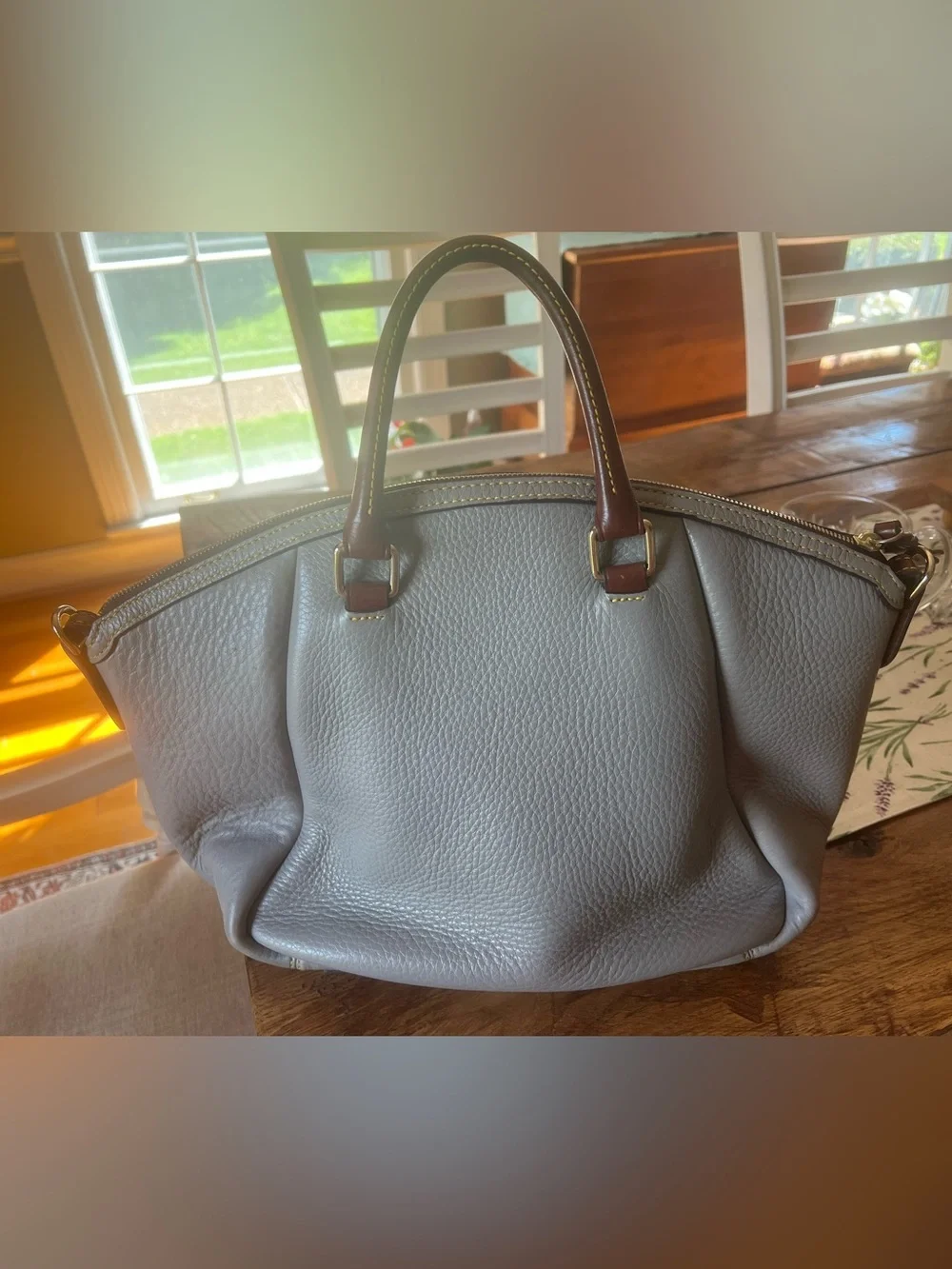 Dooney & Bourke Gray Satchel with Brown Trim